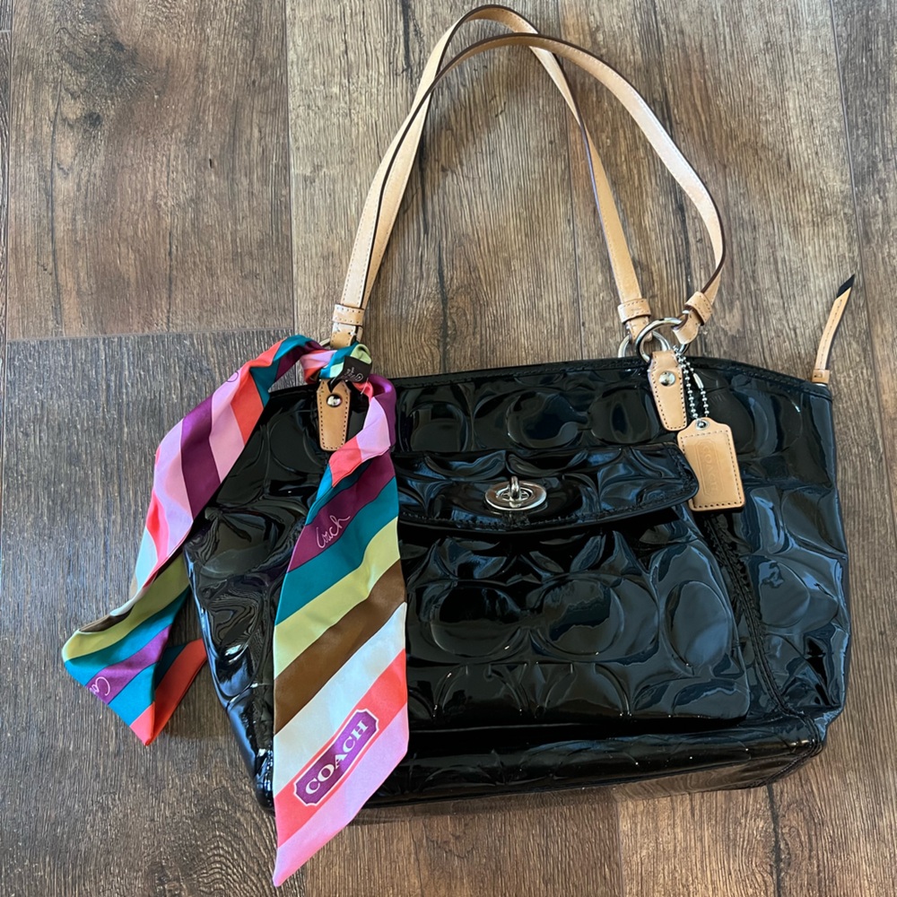 Black Patent Coach with Tan Trim Satchel/Purse